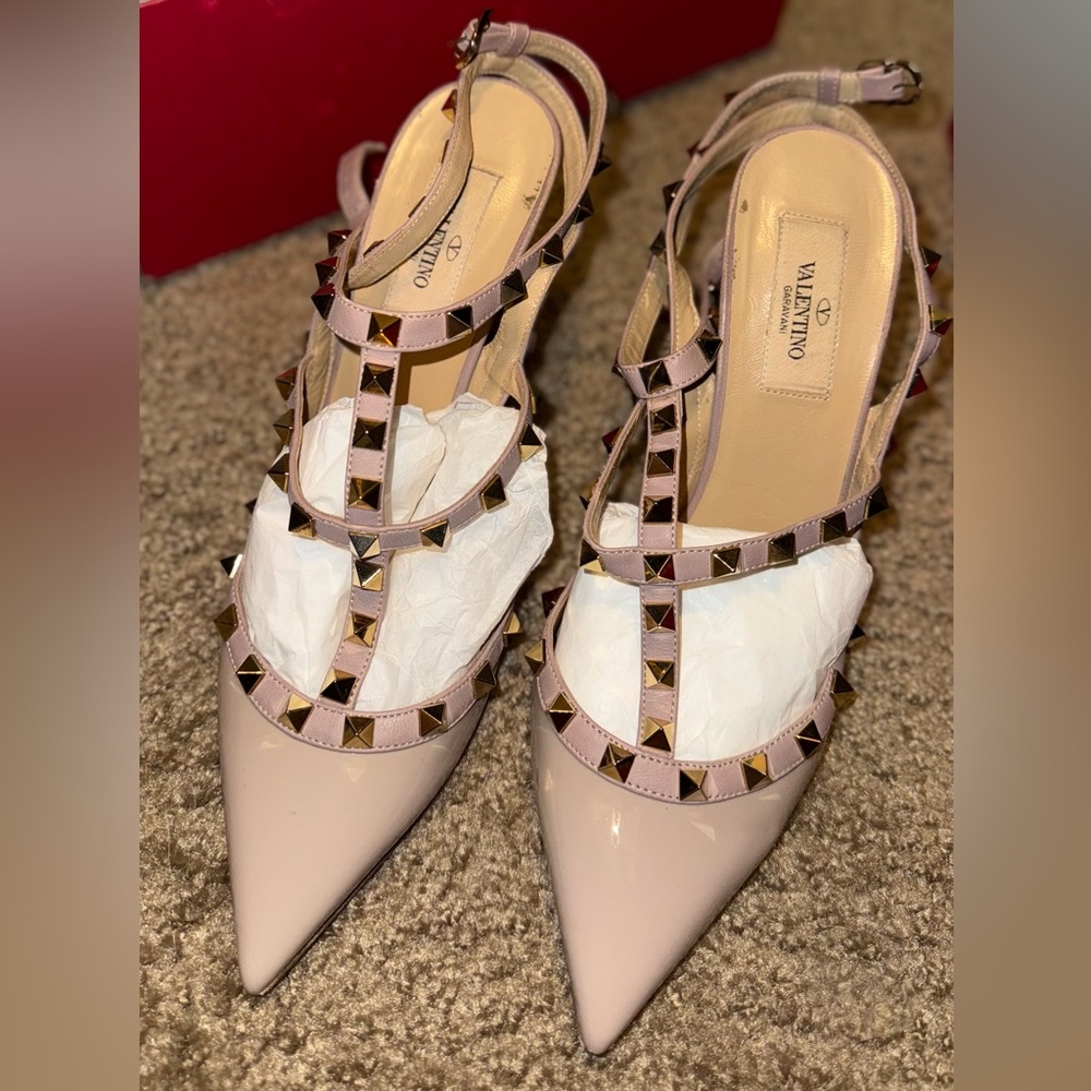 Valentino Cream Studded Heels with T-Strap Design